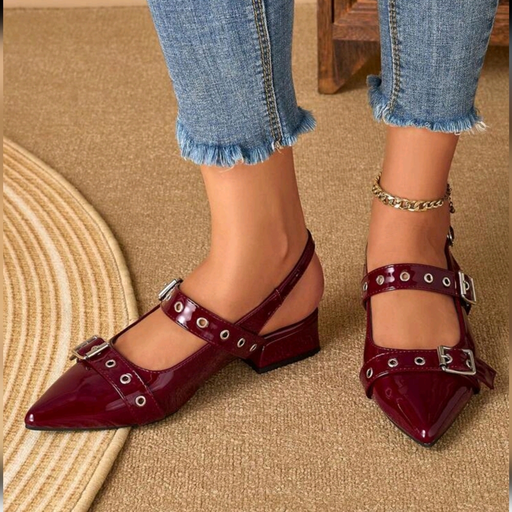 Women Rivet Pointed Toe Block Heel Mules Loafers, Burgundy - Picture 6 of 8